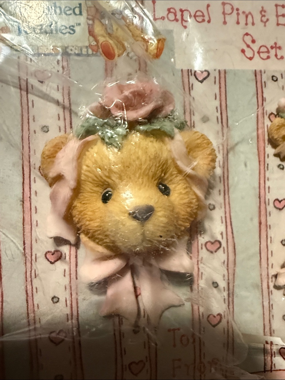 Cherished Teddies Pink Bear Lapel Pin & Earring Set 1995 - Picture 3 of 4